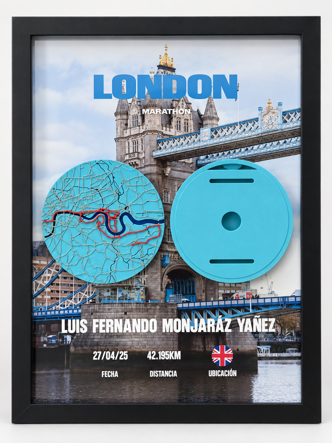 Cuadro 3D del London Marathon con ruta en relieve y soporte para medalla